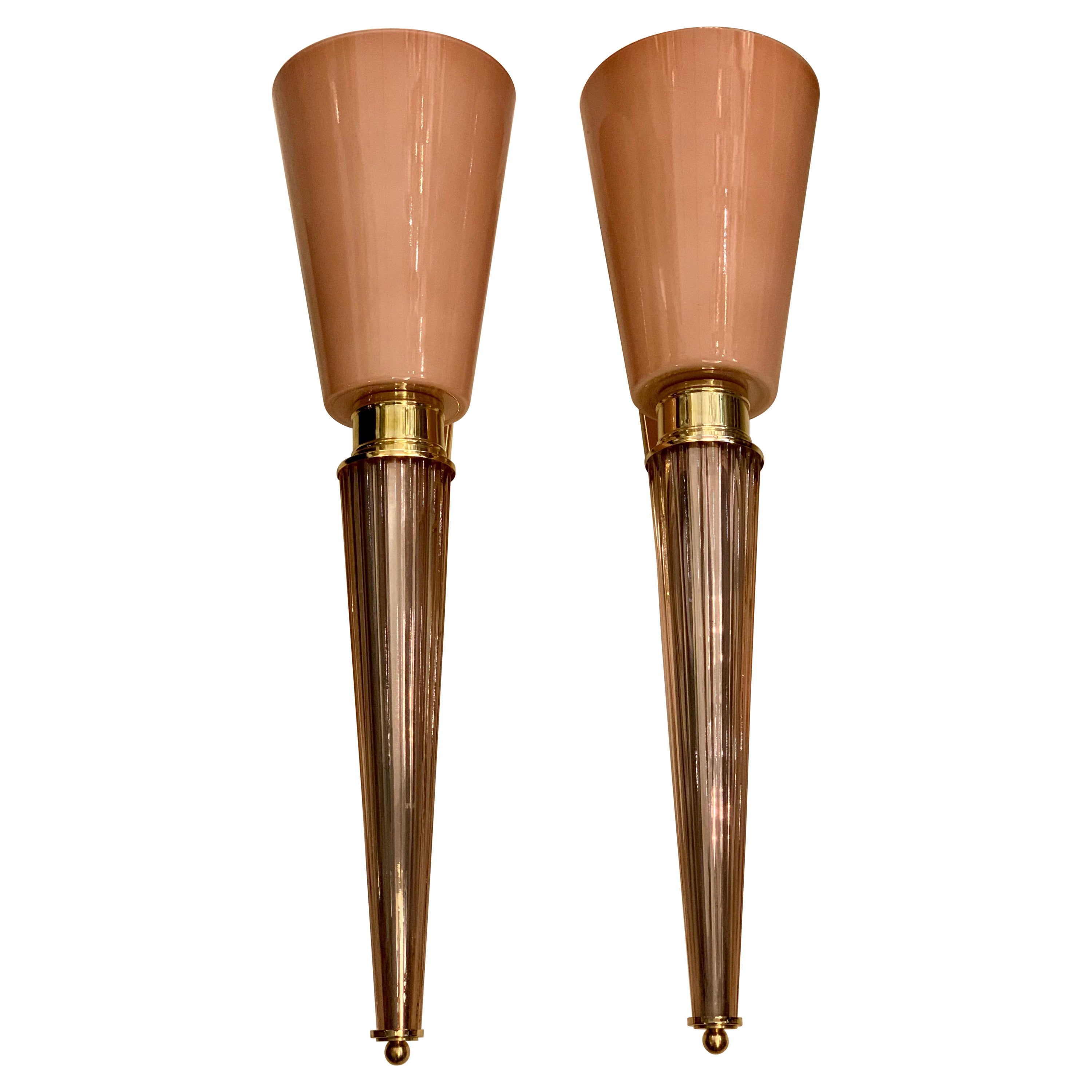 Pair of Art Deco Pink Conical Murano Wall Sconces, Brass Fittings, 1940s