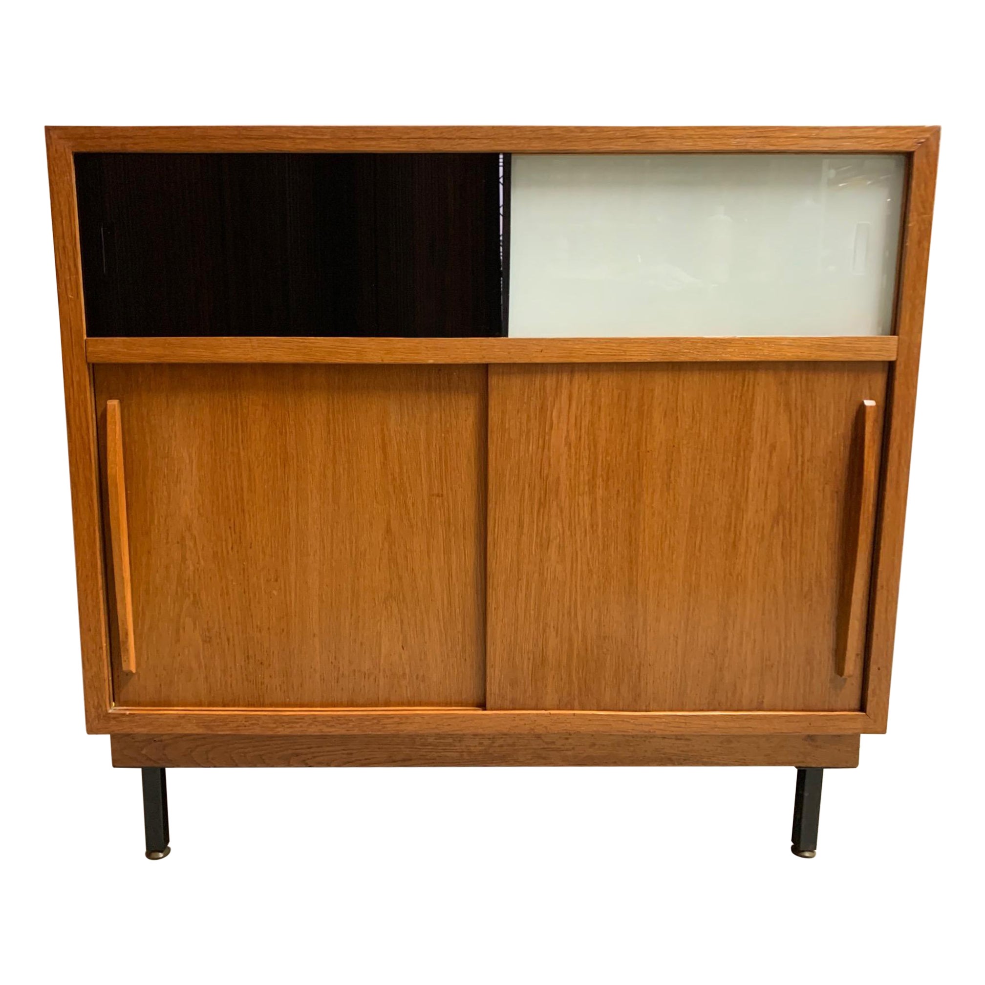 Mid-Century Modern French Oak and Lacquered Glass Cabinet
