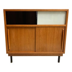 Mid-Century Modern French Oak and Lacquered Glass Cabinet