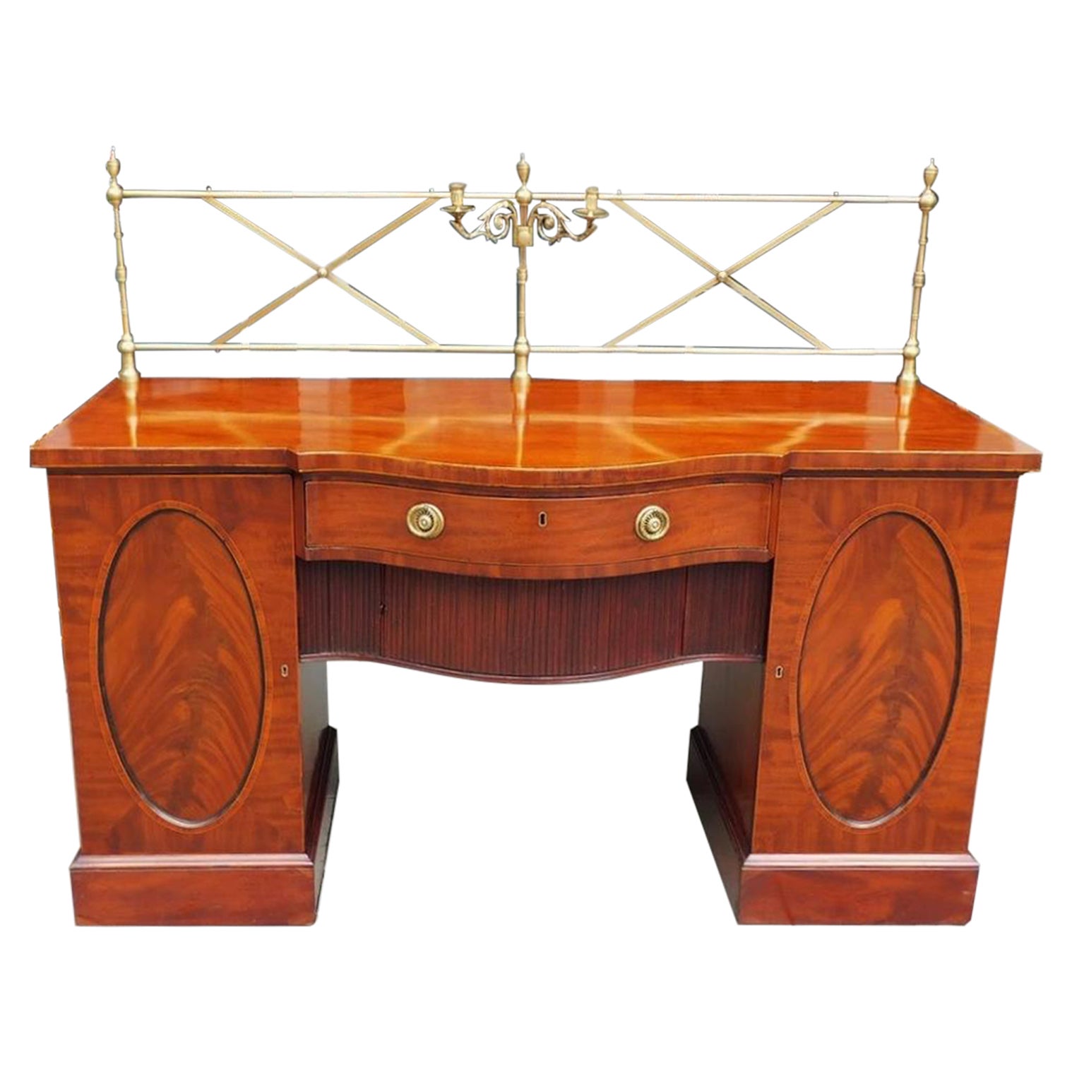 English Regency Mahogany Bow Front Brass Finial Gallery Sideboard, Circa 1780 For Sale