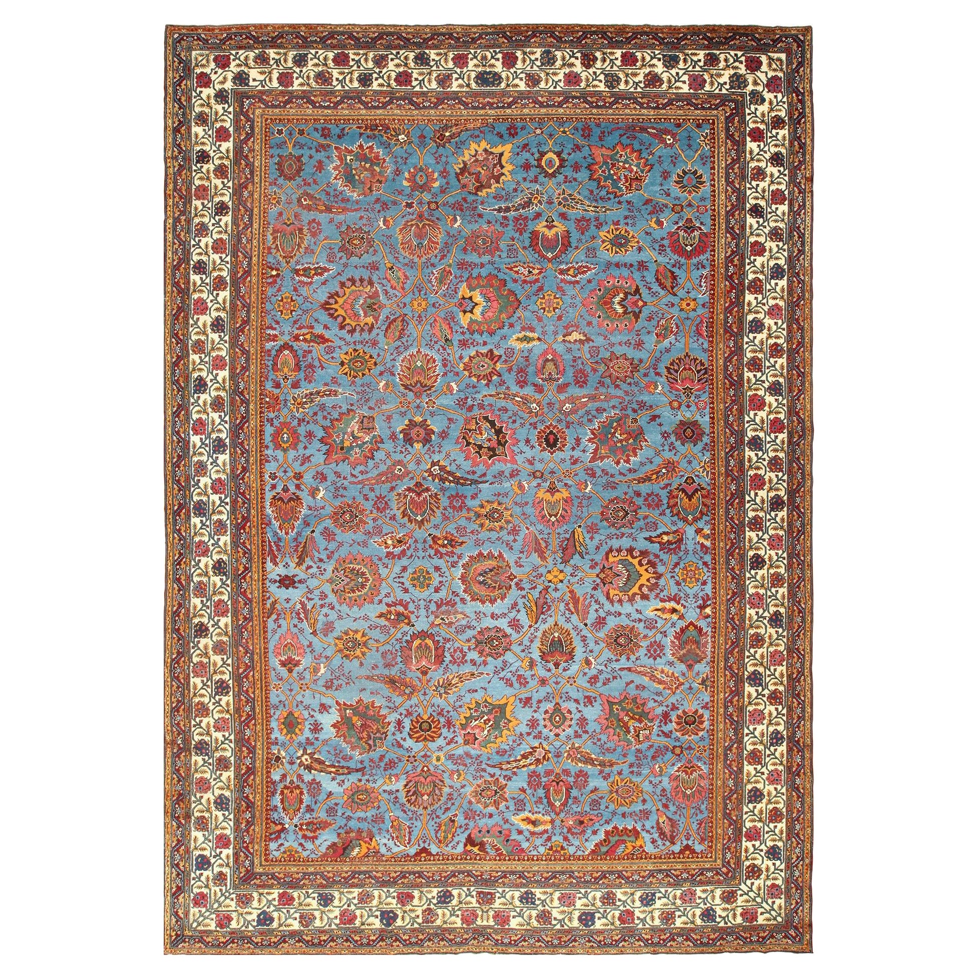 Large Light Blue Background Antique Indian Agra Rug. Size: 13 ft x 18 ft 7 in 