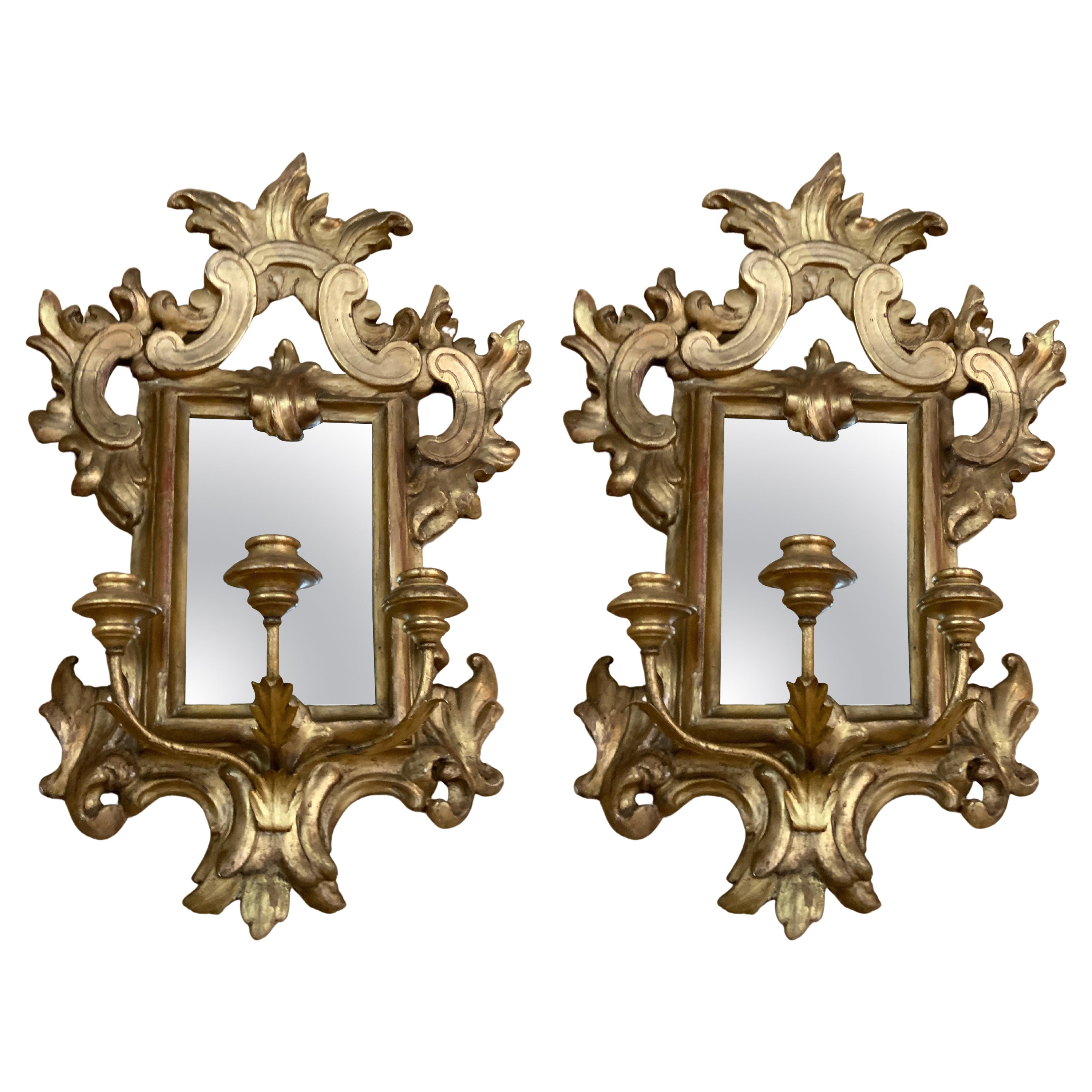 Pair of Giltwood and Mirror Sconces, 19th C. with 3 Nozzles Each