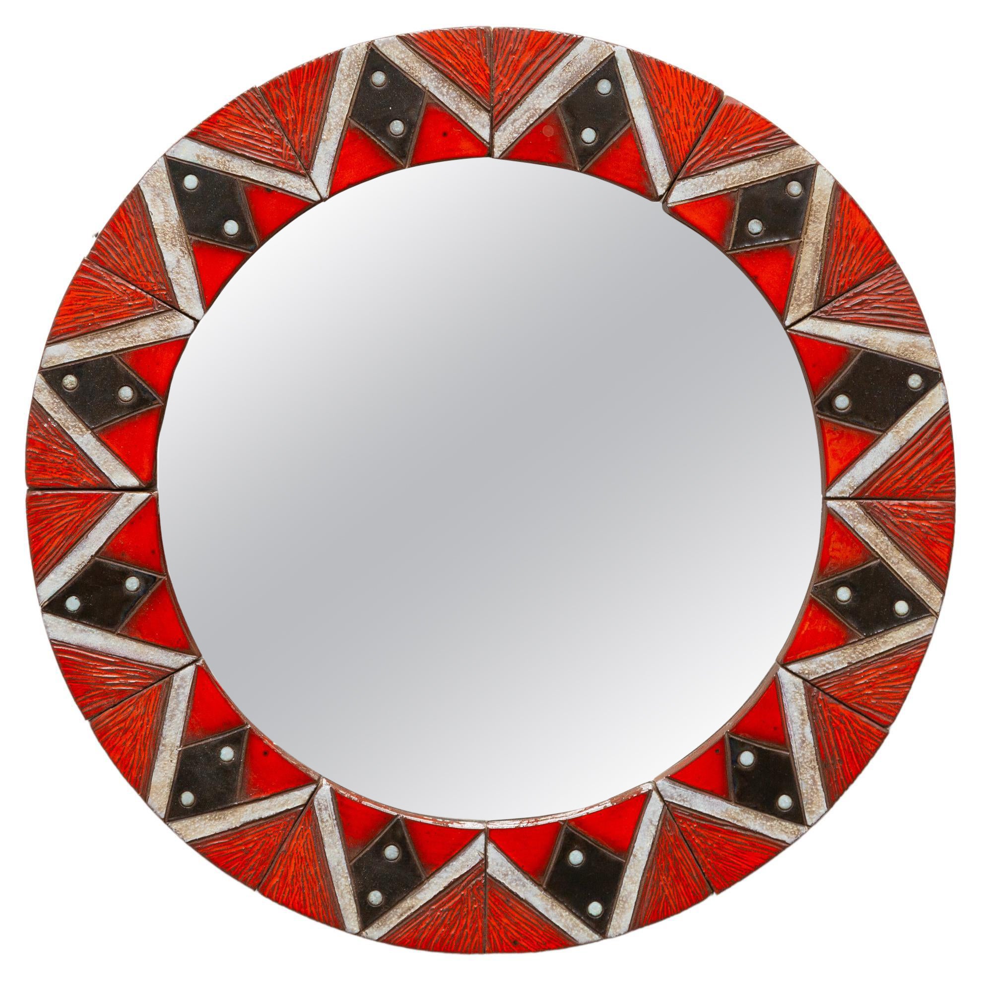 Glazed Ceramic Mosaic Tiles Round Mirror 1960s Belgium by Oswald Tieberghien