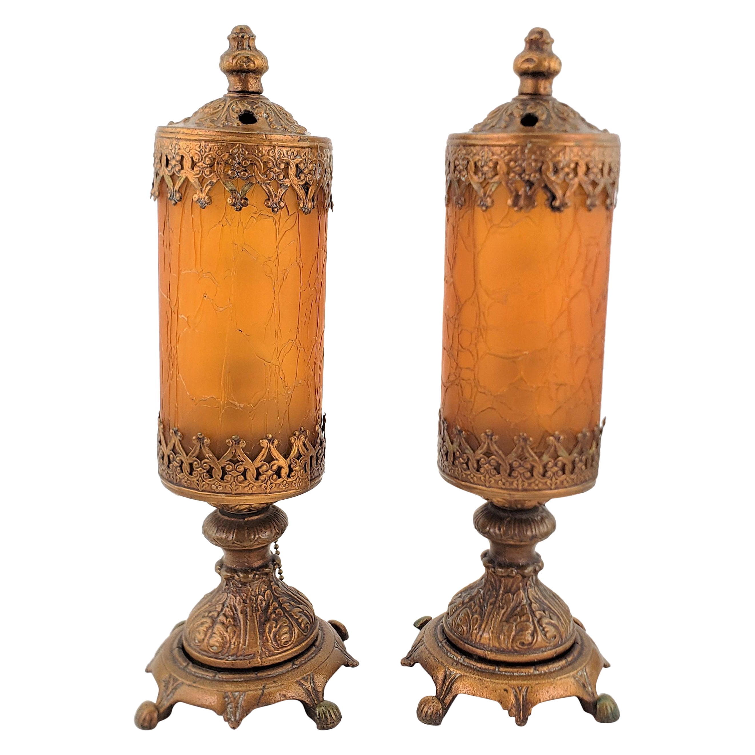 Pair of Antique Styled Accent or Boudoir Table Lamps with Crackle Glass Shades