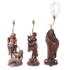 Set Hand Carved Chinese Buddha Lamps Antique
