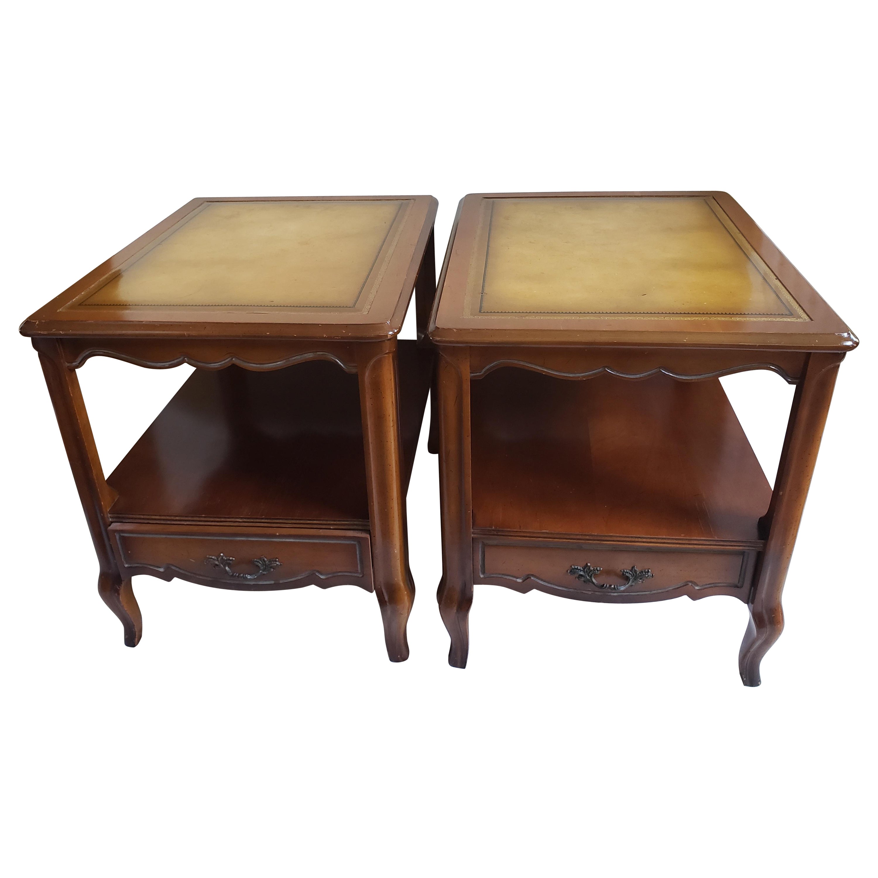 1960s French Provincial Side Tables with Leather and Stinciling Top, a Pair