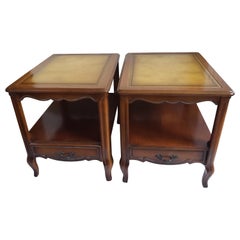 Vintage 1960s French Provincial Side Tables with Leather and Stinciling Top, a Pair