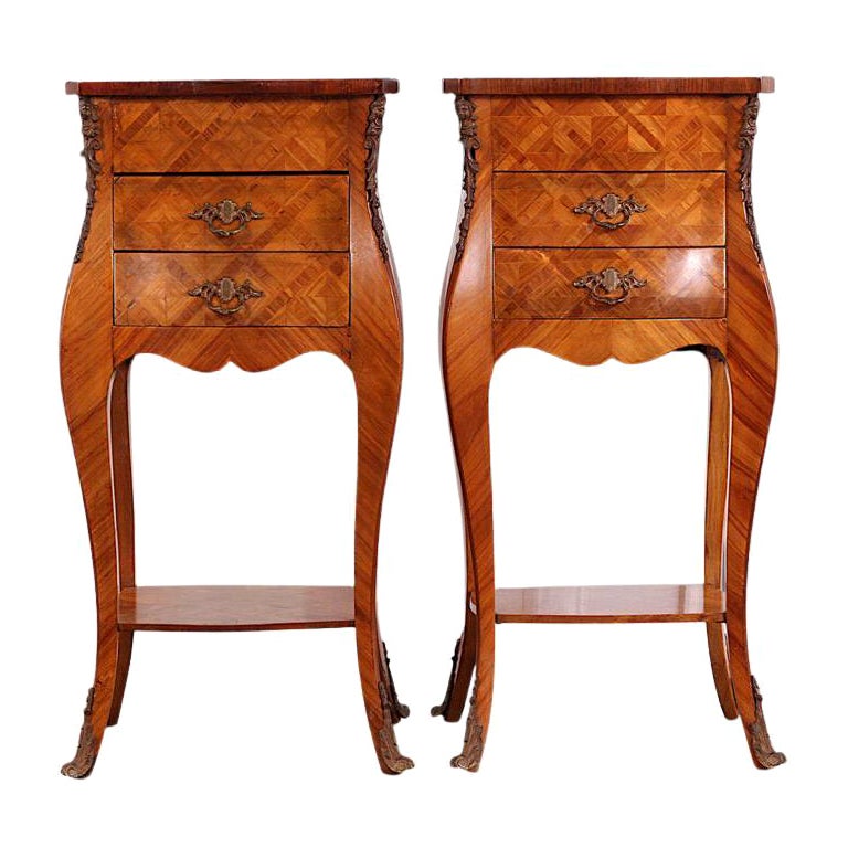 Pair of French Louis XV Style Kingwood Bombe Parquetry Nightstands 