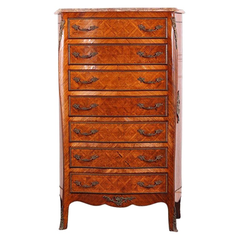 Vintage French Louis XV Style Parquetry Semainier Seven Drawer Chest