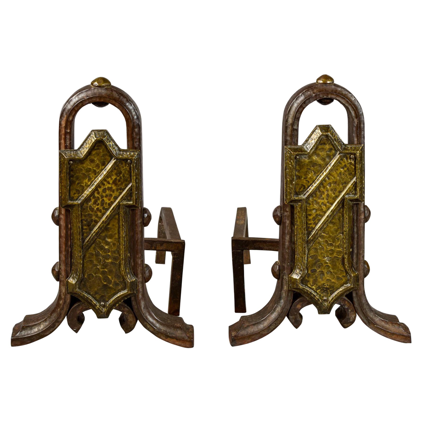 Pair Extra Large Arts & Crafts Hammered Iron and Brass Andirons