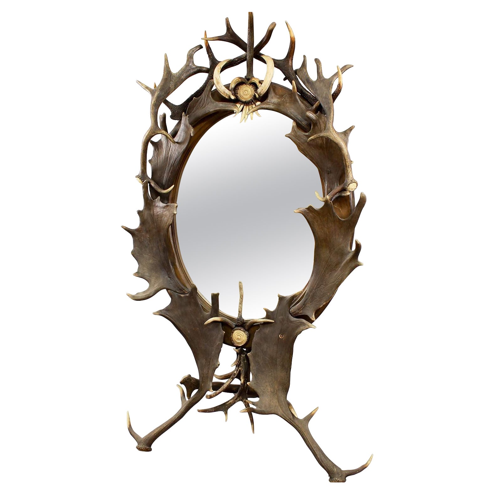 Large Antique Antler Standing Mirror, Germany, ca. 1890 For Sale