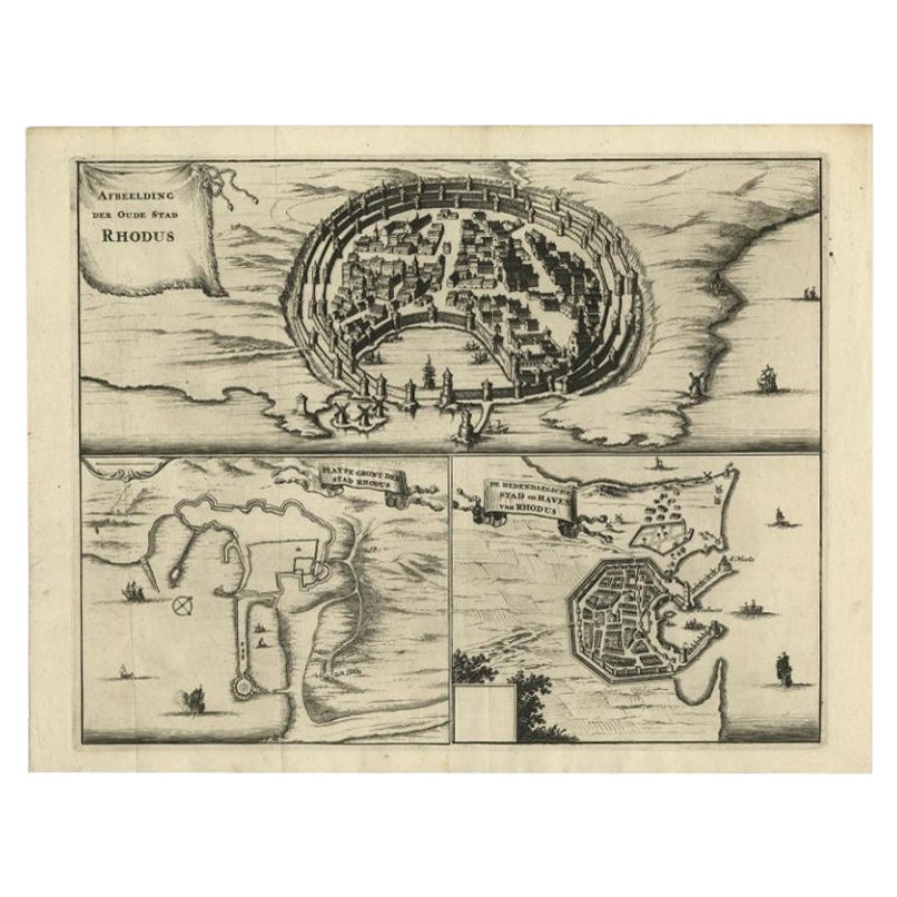 Antique Engravings, One Sheet with 3 Bird's Eye Plans of Rhodes, Greece, 1677 For Sale