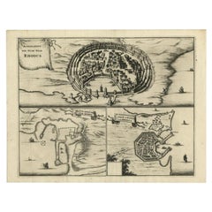 Antique Engravings, One Sheet with 3 Bird's Eye Plans of Rhodes, Greece, 1677