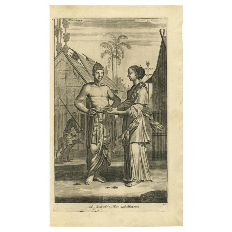 Antique Engraving of Javanese Man and Woman in Indonesia, 1744 For Sale