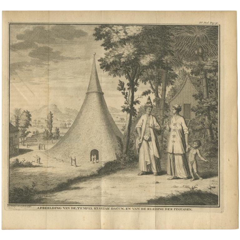 Old Print of the Temple Kiakiak Dagun and Costumes of the Peguans, India, 1732 For Sale