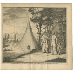 Old Print of the Temple Kiakiak Dagun and Costumes of the Peguans, India, 1732