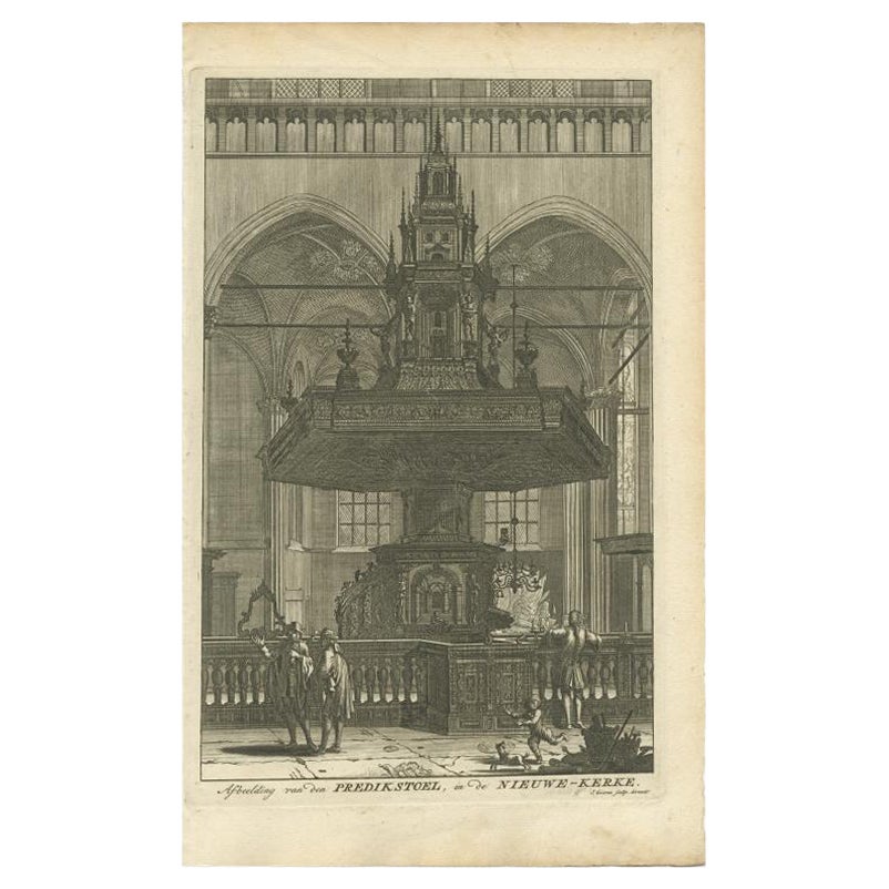 Old Print Depicting the Preacher's Pulpit of a Church in Amsterdam, 1765