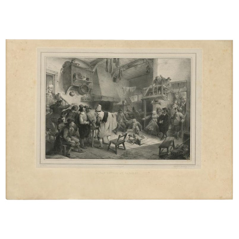 Grabado antiguo que representa a A. Van Ostade en el cabaret, 1842