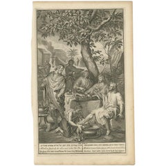 Antique Old Religious Print of Abraham, Story from Genesis 18:8 'ca. 1728'