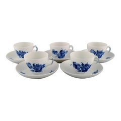 Five Royal Copenhagen Blue Flower Braided Coffee Cups with Saucers, Mid 20th C