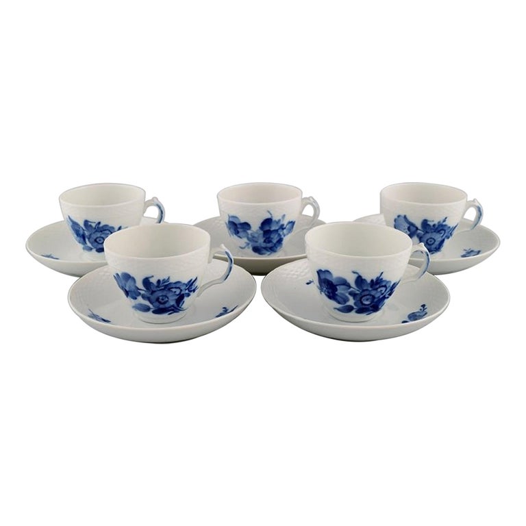 Five Royal Copenhagen Blue Flower Braided Coffee Cups with Saucers