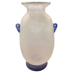1970s Cenedese White and Blue Scavo Murano Glass Amphora Vase
