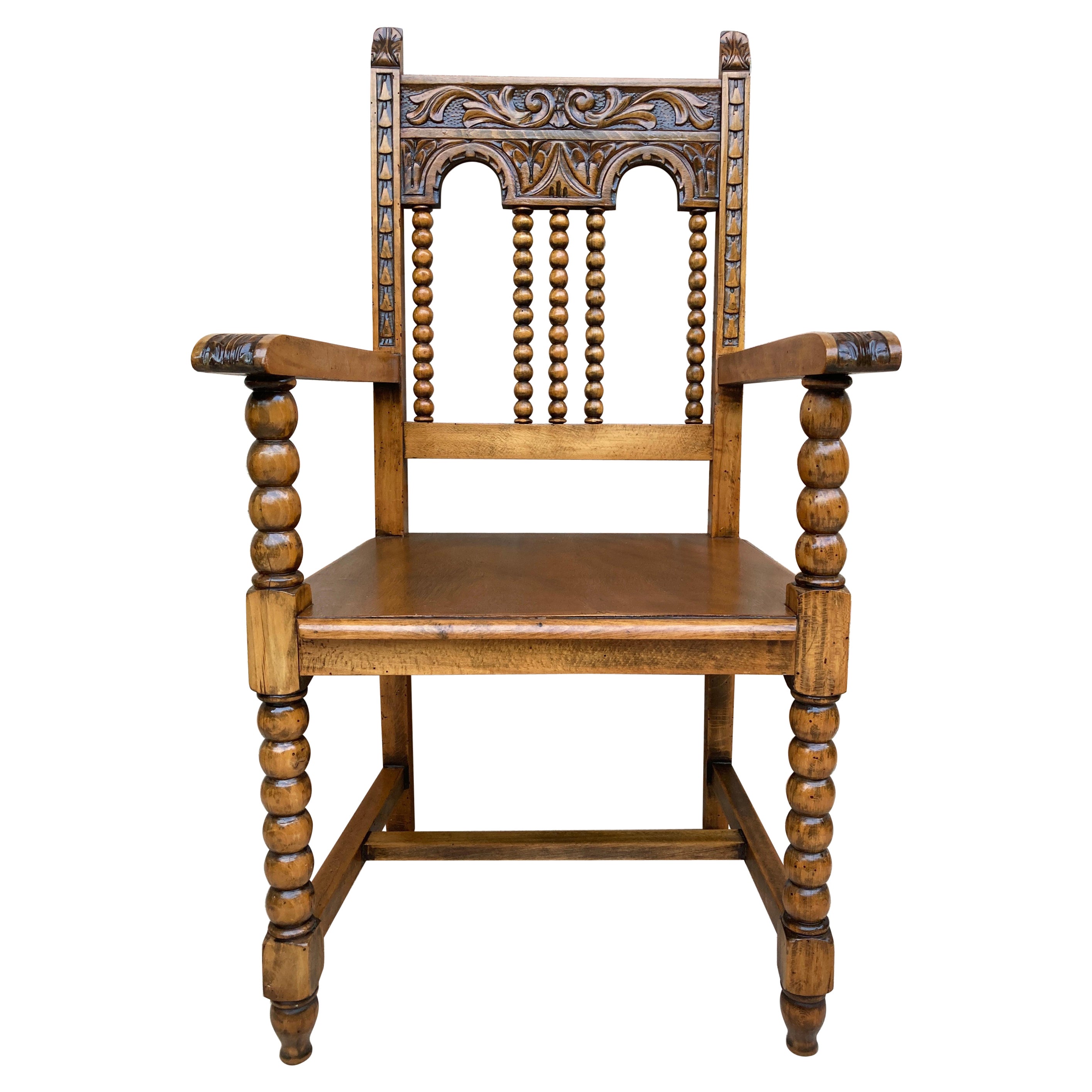 19th Century French Carved Oak Turned Wood Armchair For Sale