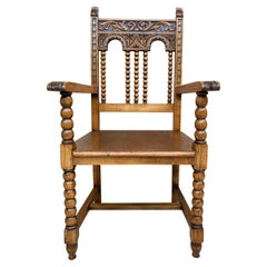 19th Century French Carved Oak Turned Wood Armchair