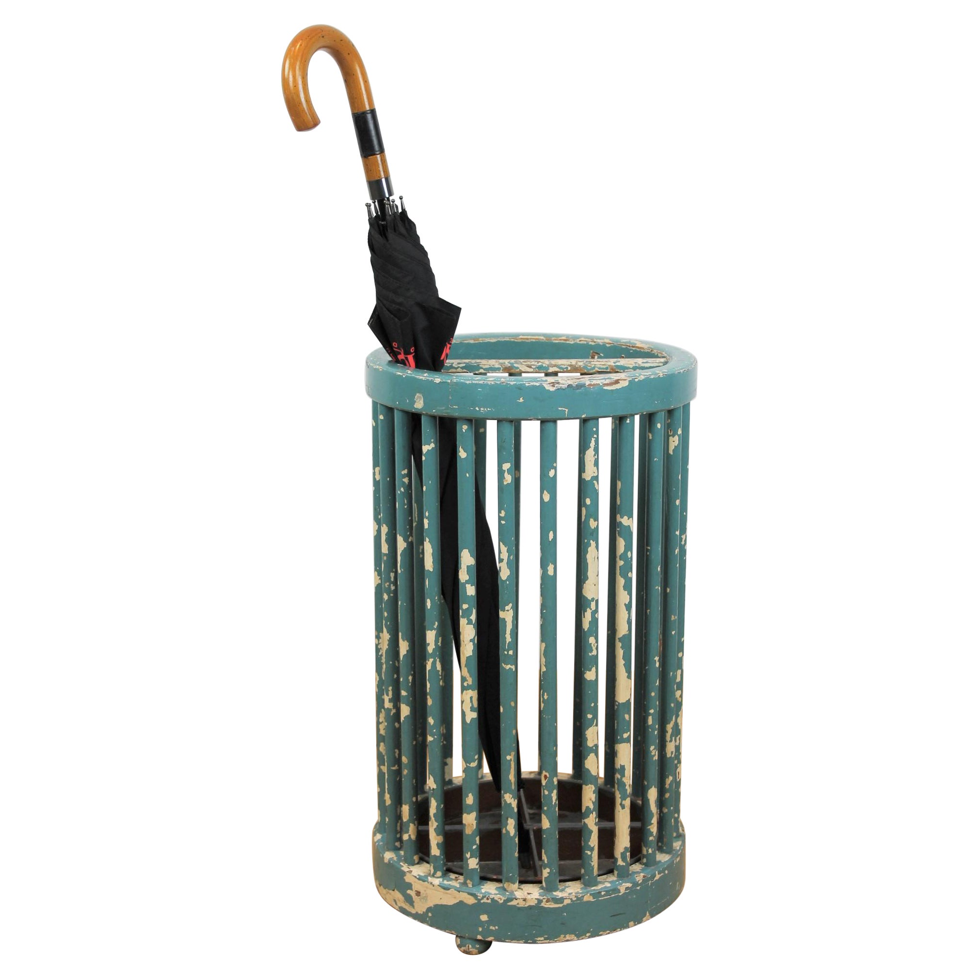 Wooden Umbrella Stand, Turquoise Green, Great Worn Patina For Sale