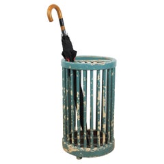 Wooden Umbrella Stand, Turquoise Green, Great Worn Patina