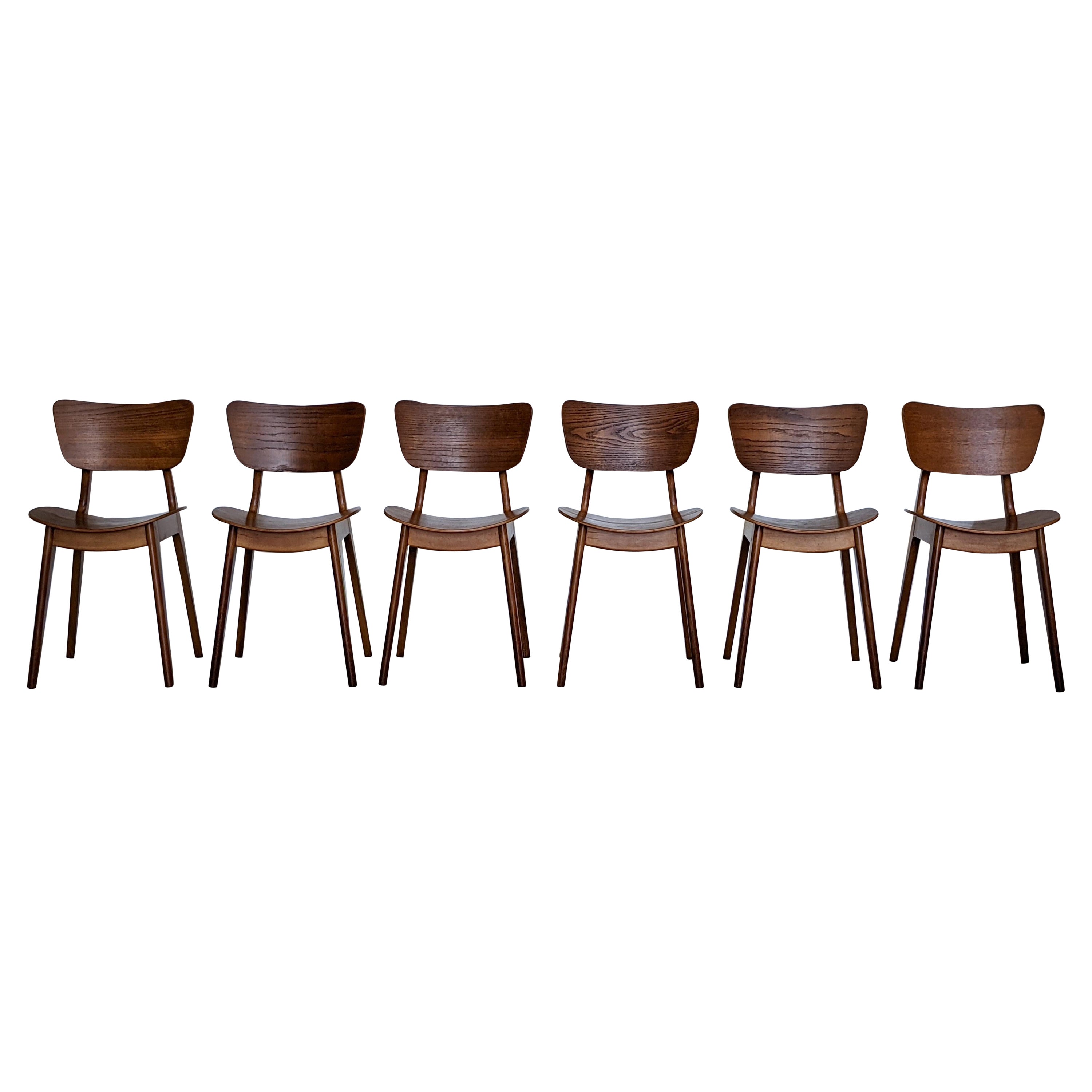 Mid Century Set of Six Oak Wood Dining Chairs by Roger Landault, France, 1950s