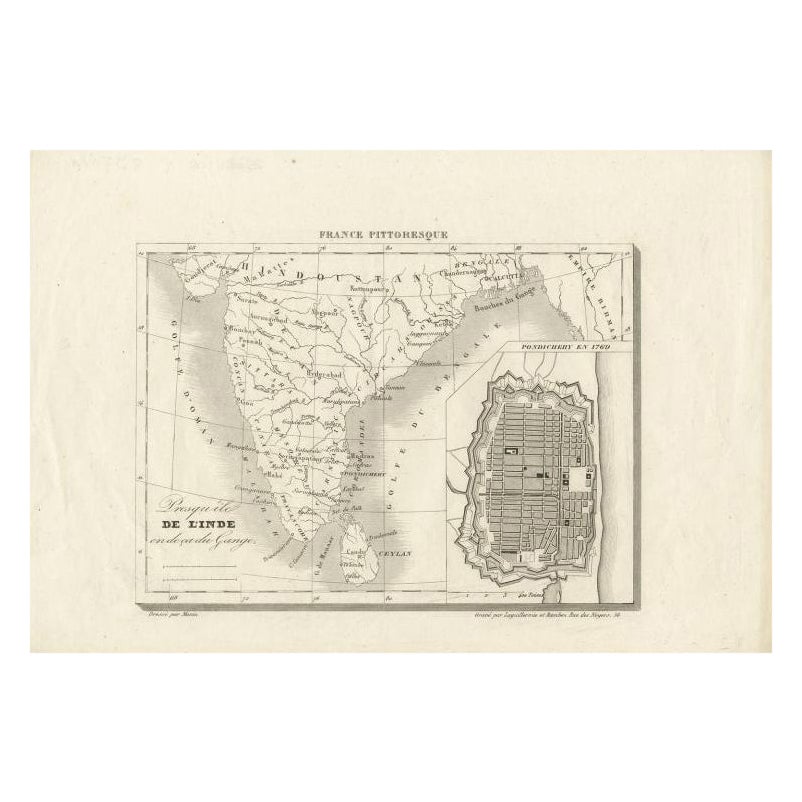 Antique Map of India with Inset of Puducherry by Monin, 1835 For Sale