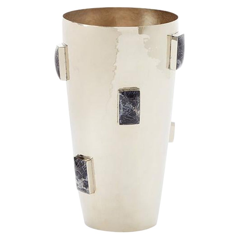 Glaciar Tall Silver Alpaca & Black Onyx Stone Flower Vase For Sale