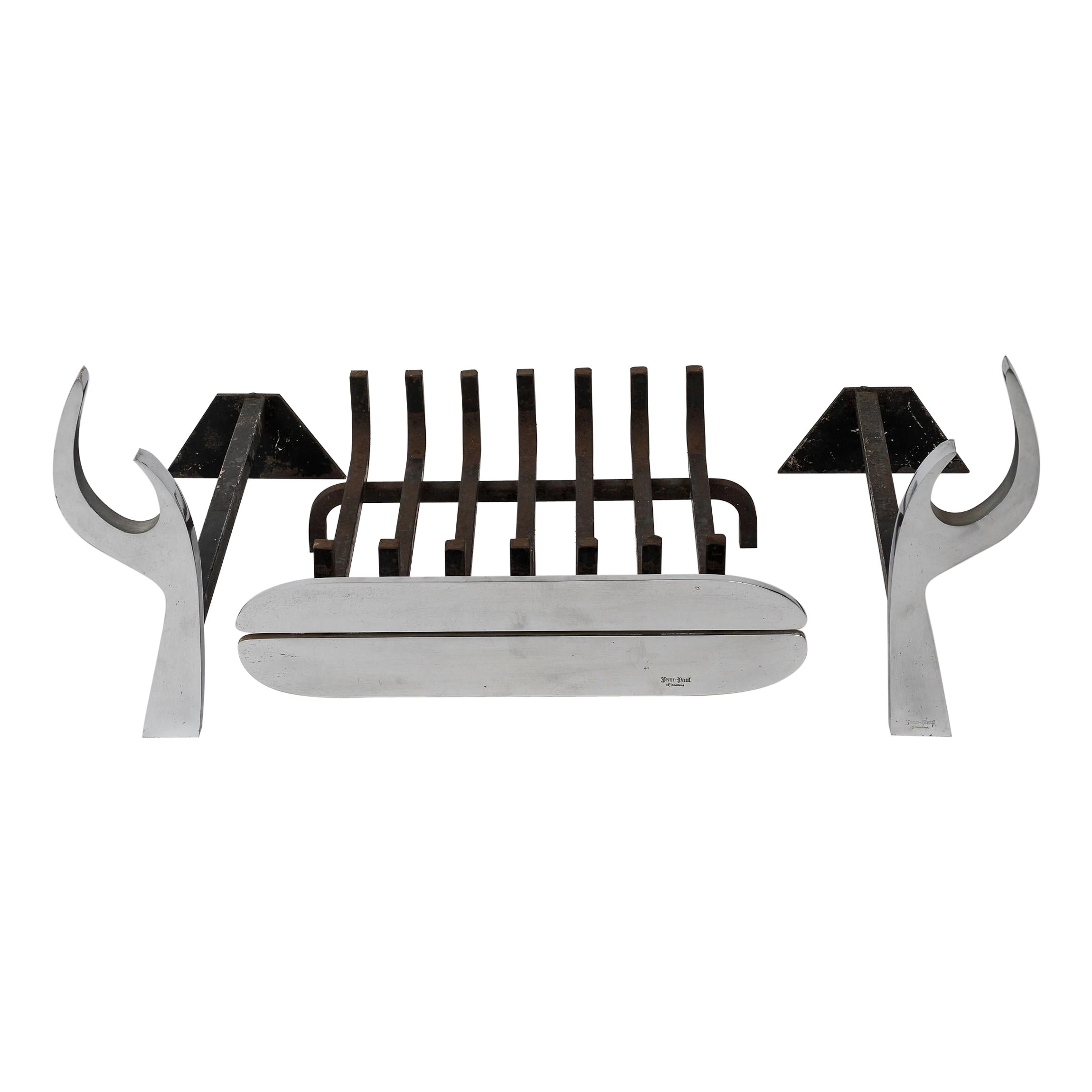 Signed Stainless Steel Fireplace Set by Jean-Paul Créations, France 1970's For Sale