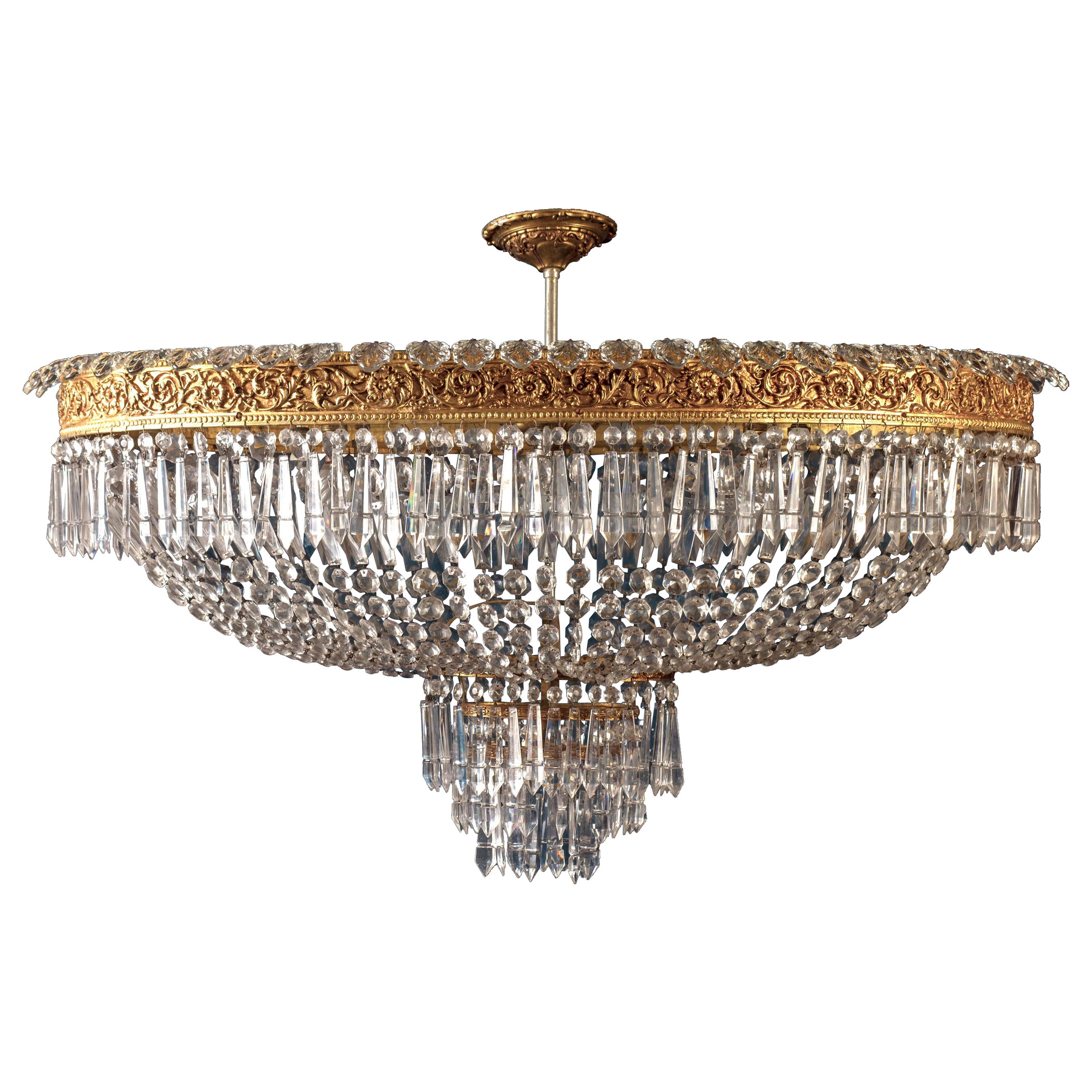 Luxurious Oval Shaped Crystal and Brass Chandelier, Italy, 1940 For Sale