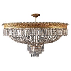 Vintage Luxurious Oval Shaped Crystal and Brass Chandelier, Italy, 1940