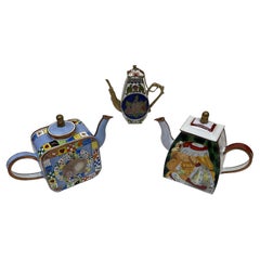 Collection of 3 Vintage Enamel Cloisonné Miniature Hand Painted Teapots