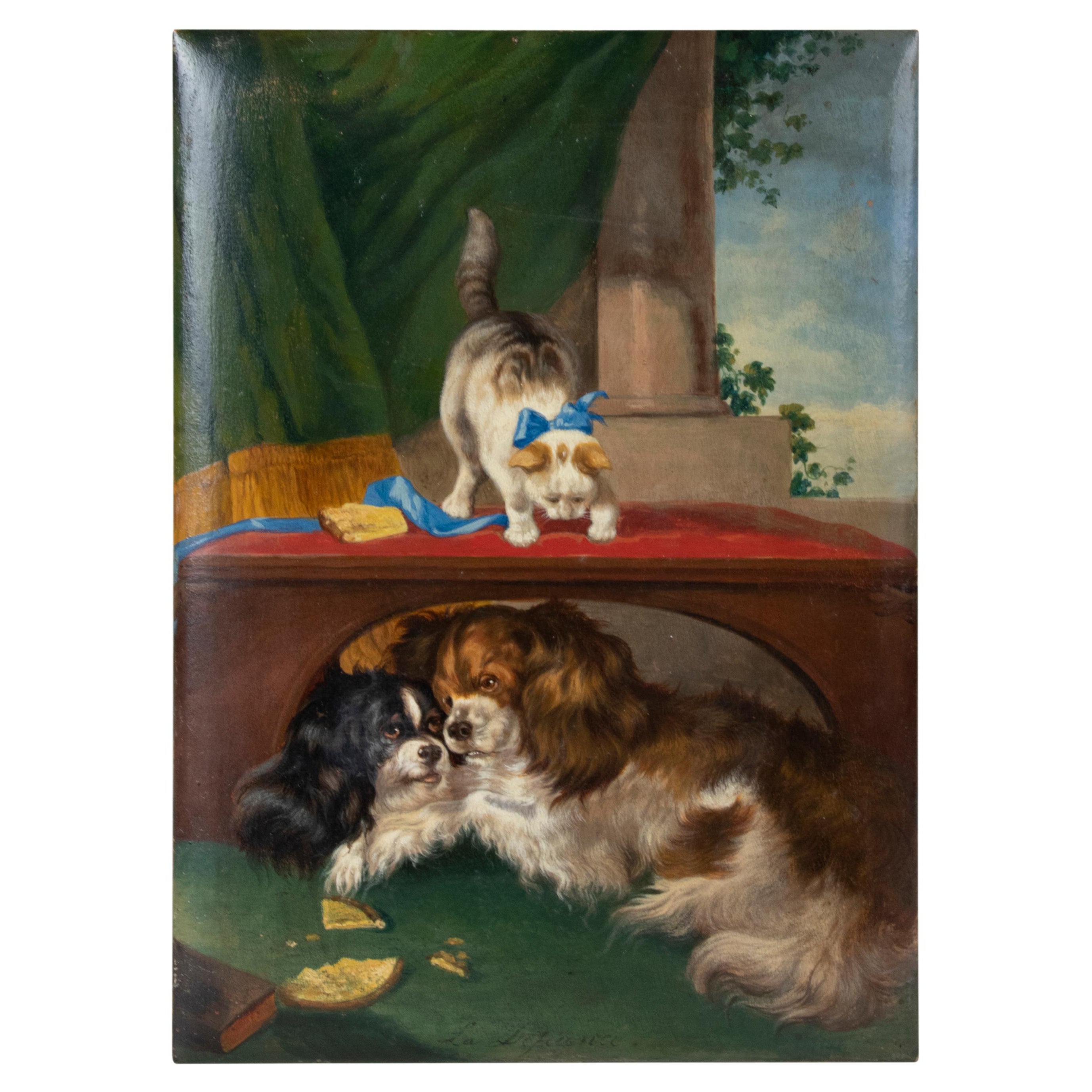 19th Century Oil Painting Cavalier King Charles Spaniel Dogs and a Cat