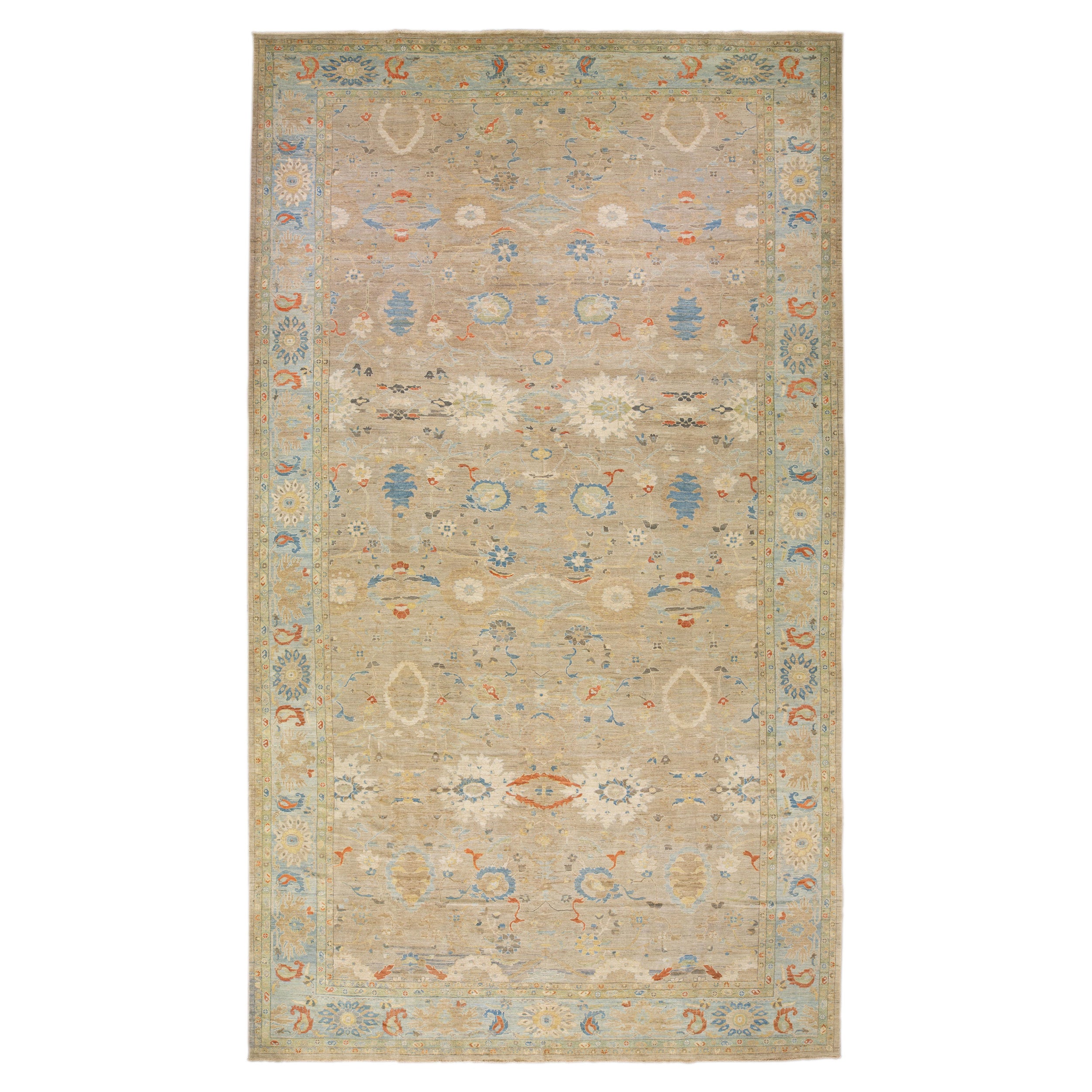 Oversize Modern Sultanabad Handmade Beige Wool Rug with Floral Design