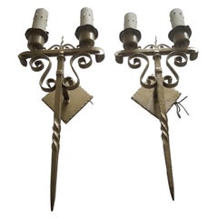 Gothic Wrought Iron Scroll Electric Gold Candelabra Candle Wall Sconces 1960s