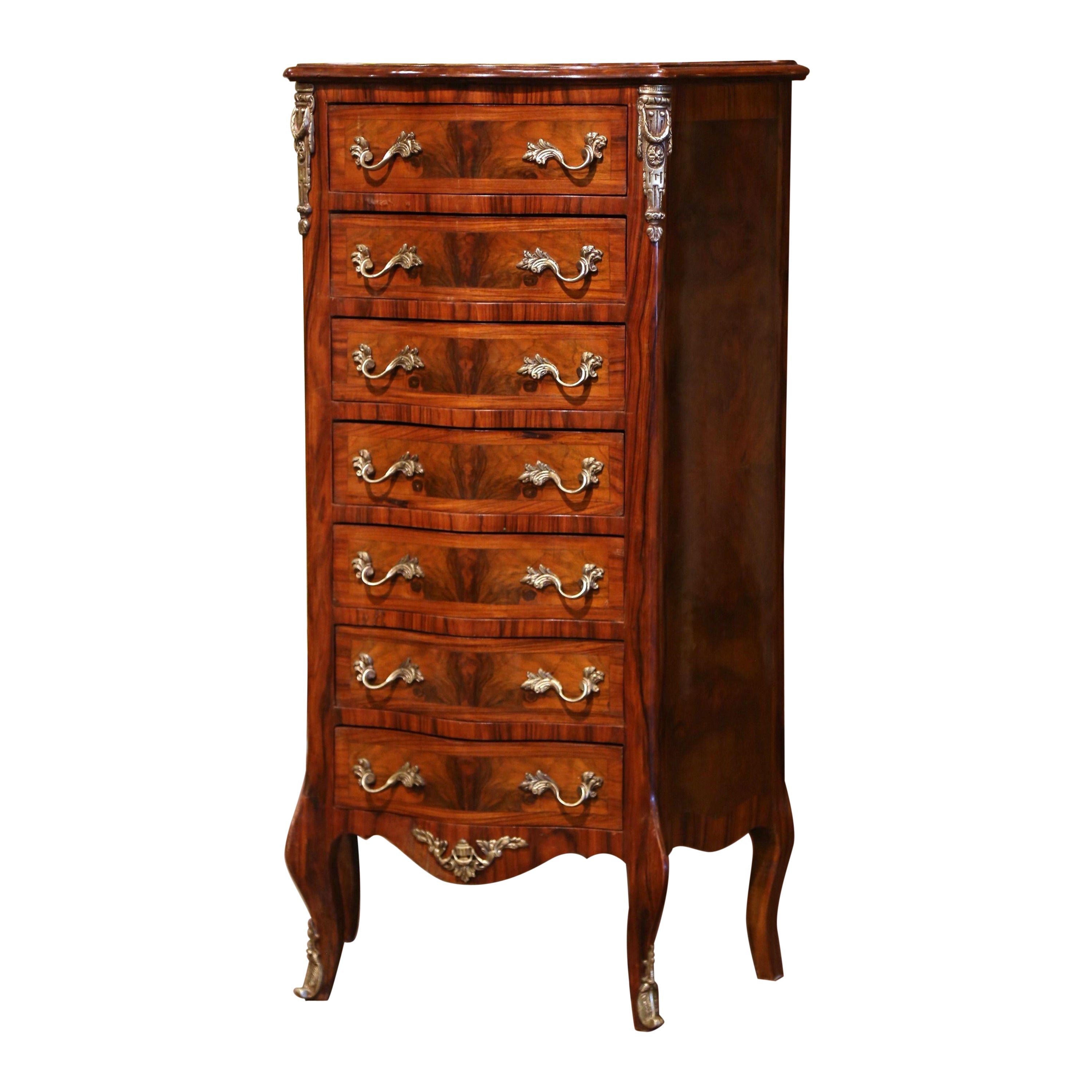 Mid-Century French Louis XV Burl & Rosewood Carved Bombe Seven-Drawer Chest For Sale