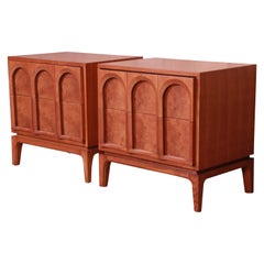 Vintage Thomasville Mid-Century Modern Burled Walnut Nightstands, Newly Refinished