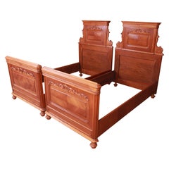 Antique Victorian Carved Mahogany Twin Beds, Pair