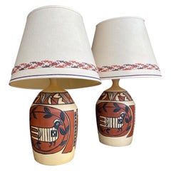 Pair of Monumental Aztec / Southwestern Pablo Picasso Style Ceramic Table Lamps