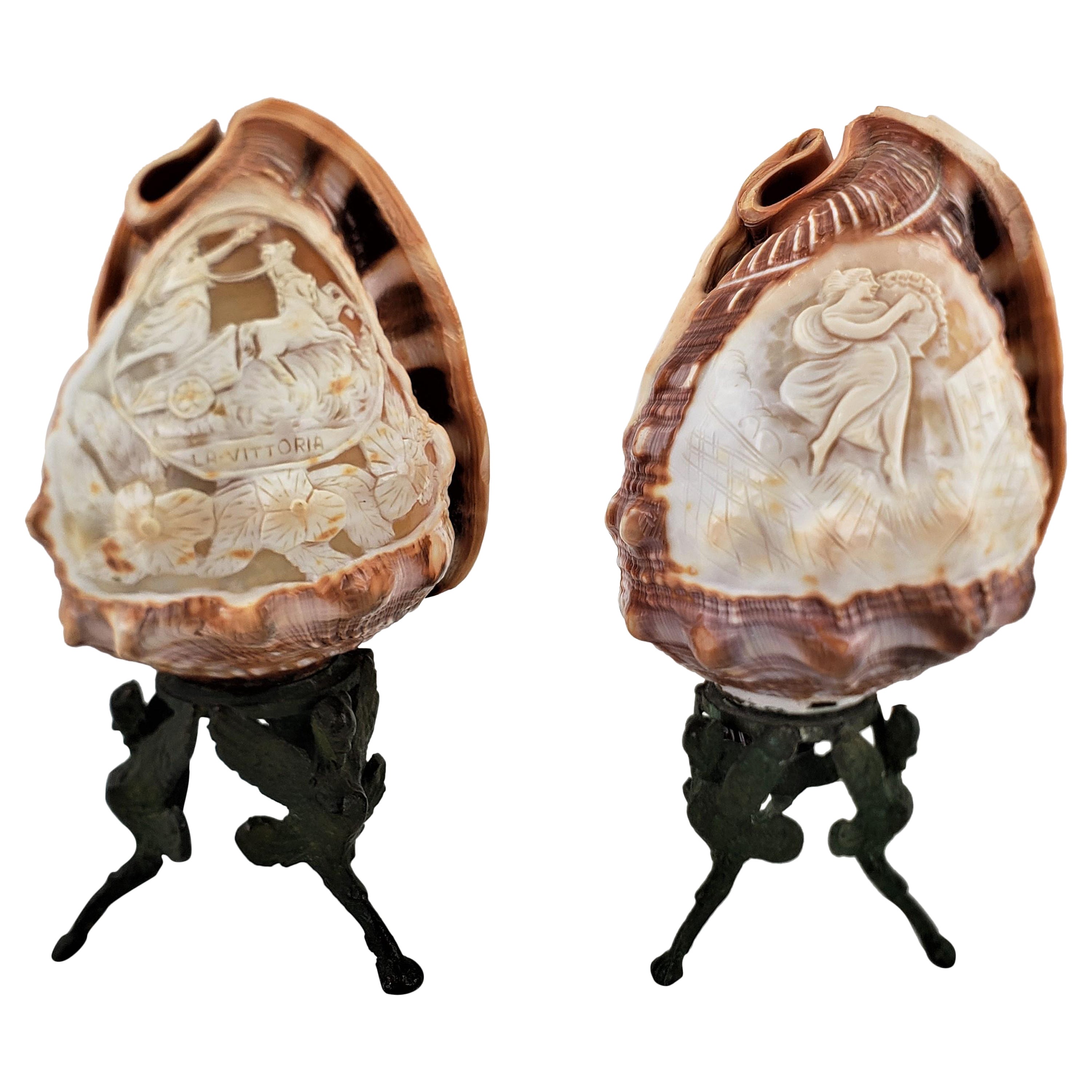 Pair of Antique Carved Conch Shell Accent Table Lamps with Mythological Motif For Sale