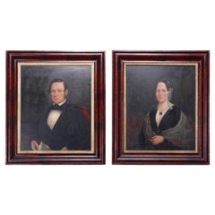 Large Antique Portrait Paintings Man & Woman, Flame Mahogany Ogee Frames, c1840
