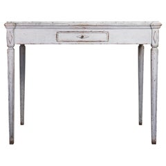 Swedish Gustavian Antique Table Desk Grey White Carved Detail, 1850