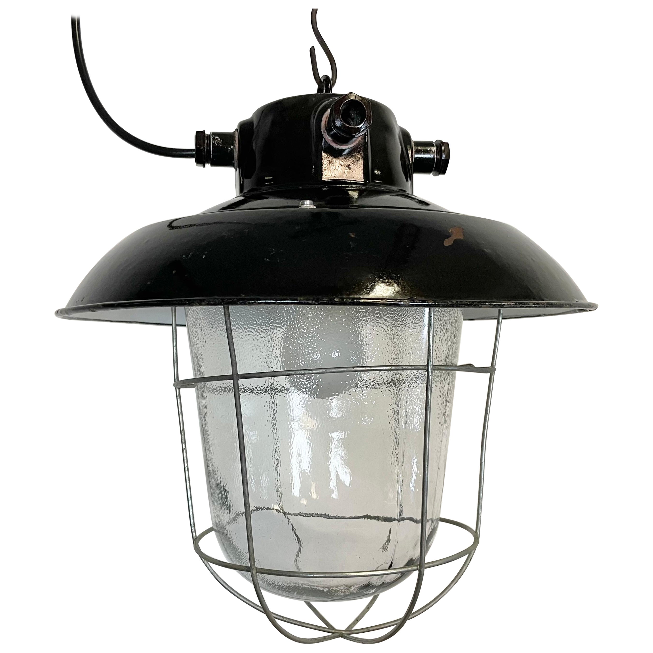 Vintage Industrial Black Enamel Factory Hanging Lamp, 1960s For Sale