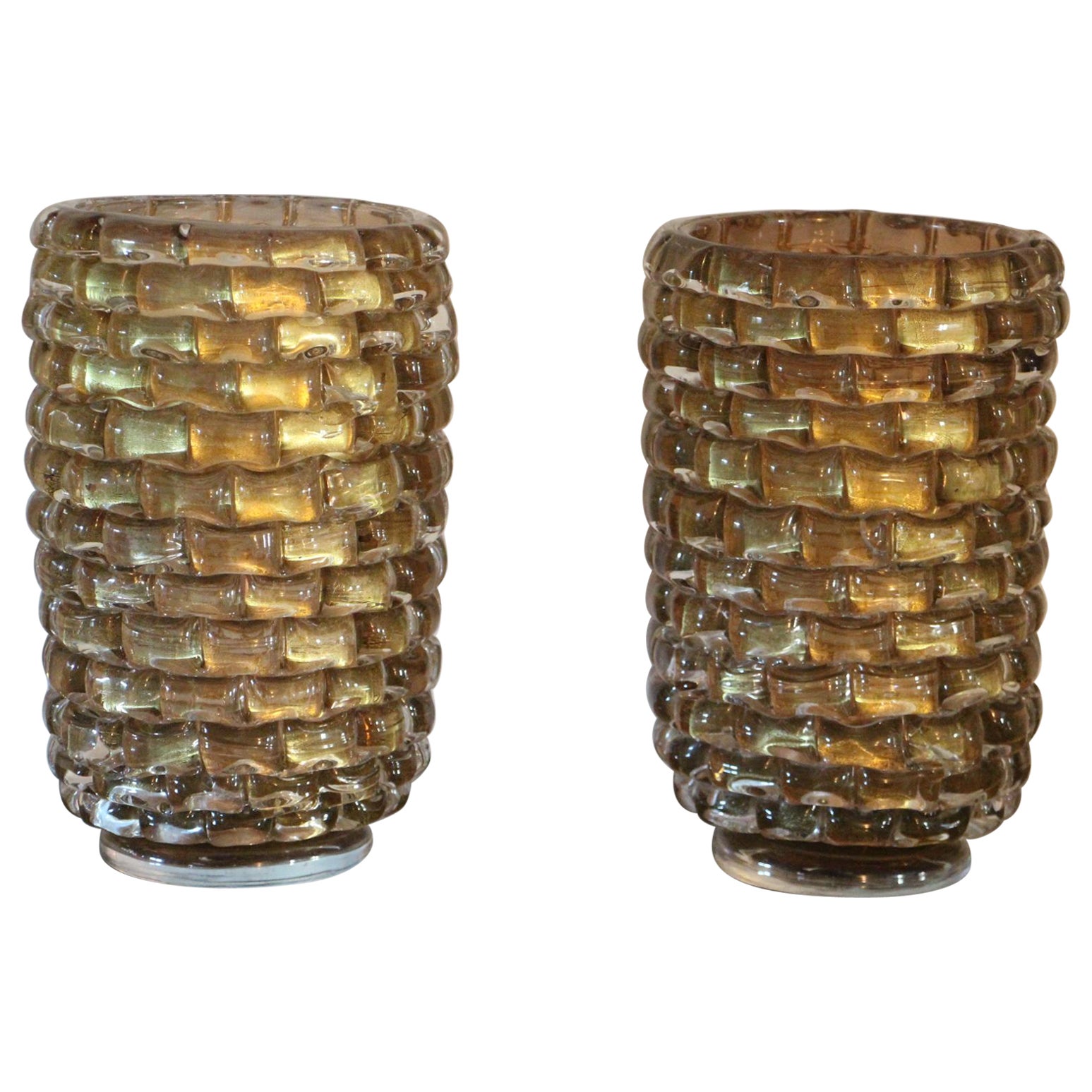 Pair of Large Gold Color and Iridescent Murano Glass Vases