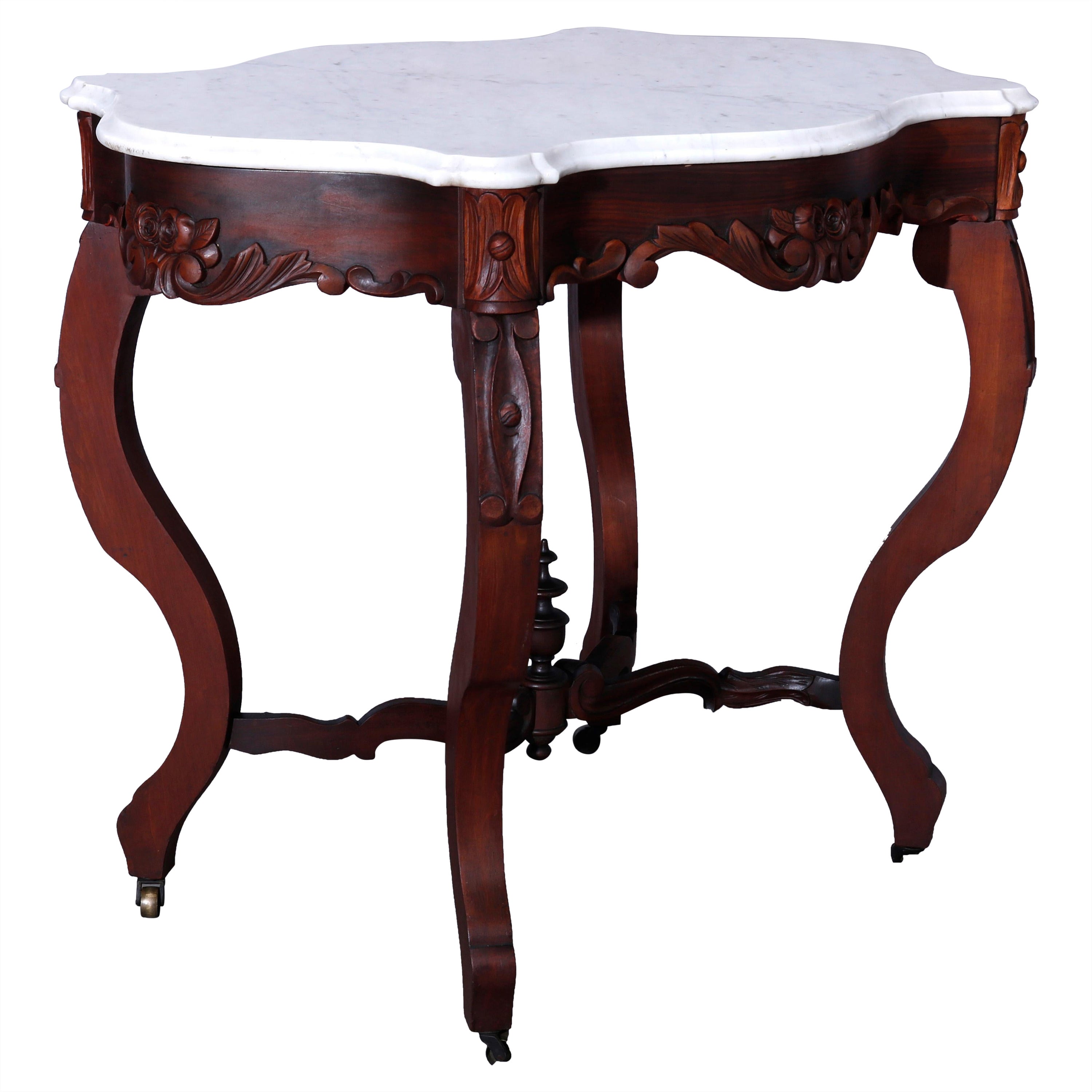 Antiker Rokoko-Parlor-Tisch aus geschnitztem Nussbaum und Marmor mit Schildkrötenplatte, um 1880